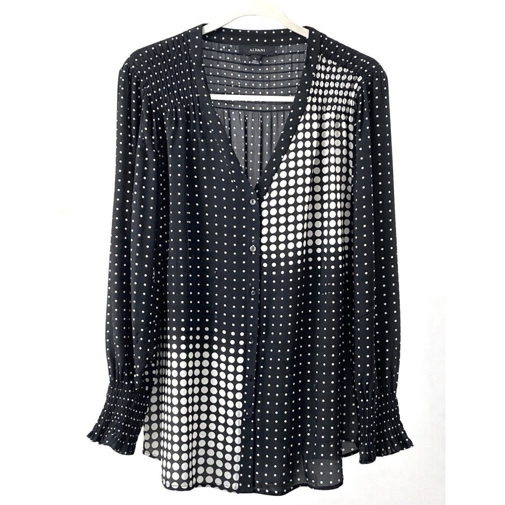 Alfani Polka Dot Blouse Women’s Medium Sheer Smocked Career Office Button Front